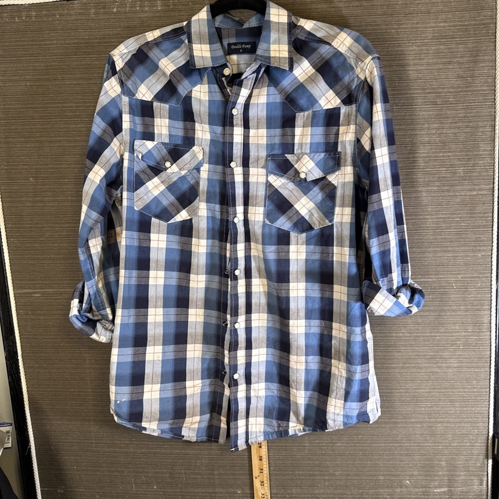 Double Pump Western Shirt Mens   Blue Plaid Pearl Snap Small Cotton Long Sleeve